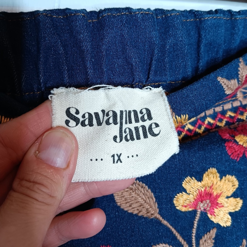 Savanna Jane Denim Mini Skirt 1X Blue Floral Embroidered Boho Country Festival - Picture 5 of 8